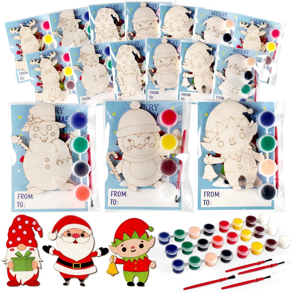 24 Sets Christmas Crafts for Kids Santa Claus Snowman Elf Party Favors Reindeer Wooden Painting Craft Kits Christmas Party Activities for Kids Winter Craft Supplies Merry Xmas Cards Birthday Gift Bulk