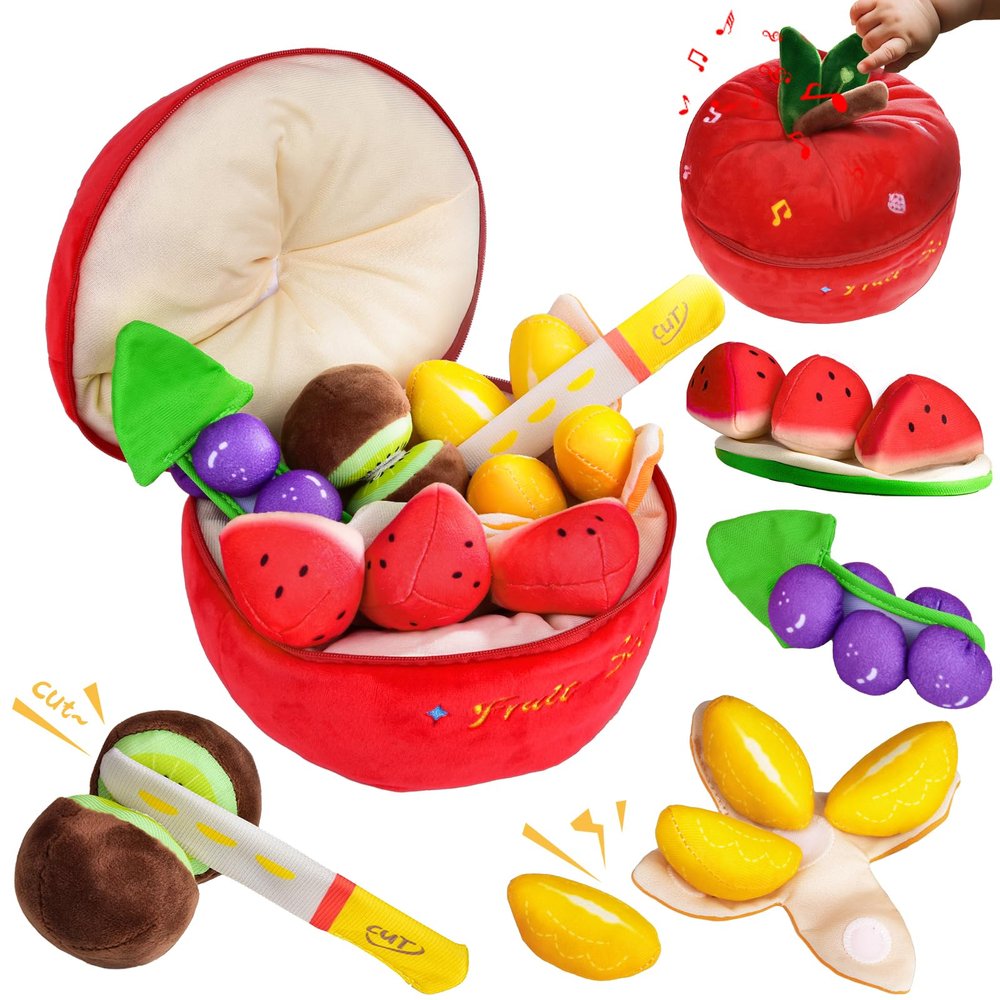 Baby Toys for 6-36 Months,Montessori Toy with Musical Feature, Cutting Plush Fruits Play Food with Rattle,Squeaker,Beeps,Textures Crinkle Tissues,Christmas Baby Gifts for 1 Year Old Toddler Boy Girl