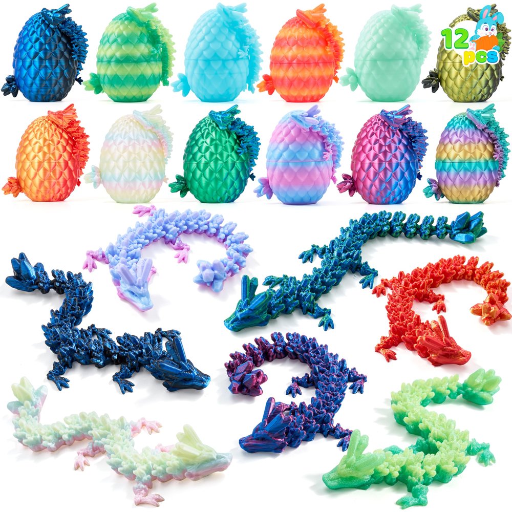 JOYIN 12 Pcs 3D Printed Dragon Eggs with Colorful Dragon Inside, Magic Articulated Toys, Basket Stuffers for Boys & Girls, Easter Theme Party Favors, Easter Egg Hunt, Classroom Prize Supplies Gifts