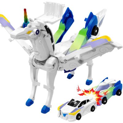 Intoypad Unicorn Collision Transforming Cars Toy for Girls Boys, 2 Magnetic Cars Transform into Magical Unicorn Collision Transforming Robot Cars Toy Deformation Christmas Birthday Gifts for Kids Blue