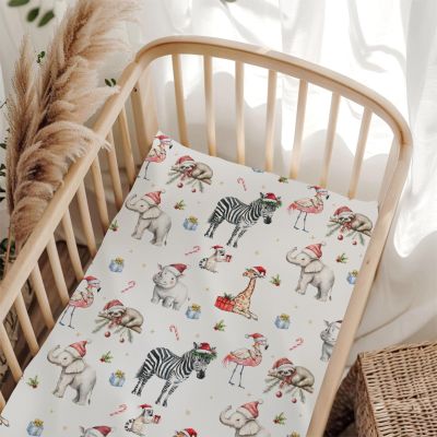 Cute Christmas Animals Fitted Crib Sheet for Baby Girls Boys 28"x52" Elephant Giraffe Flamingo Zebra Sloth Hippo Candy Gift Fir Santa Hat Fitted Crib Mattress Cover Zoo Safari Crib Sheets