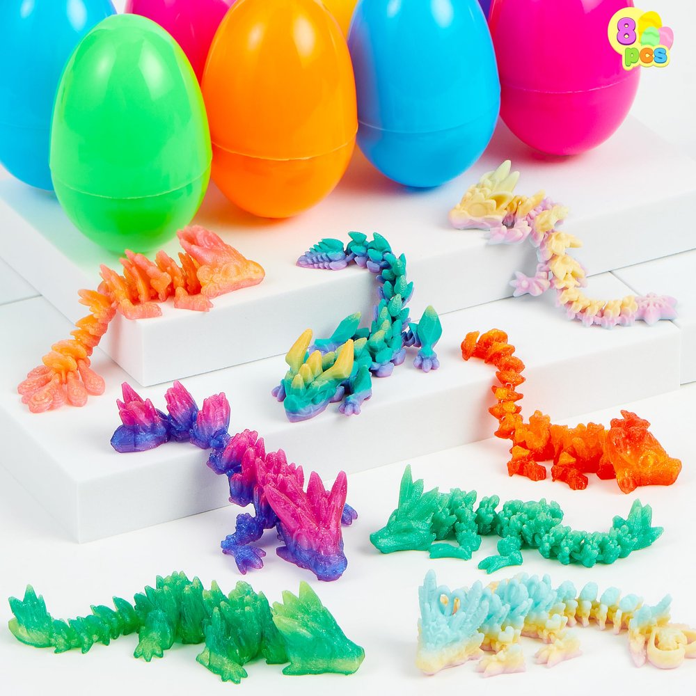 JOYIN 8 Pcs Prefilled Easter Eggs with 3D Printed Dragons Inside, Articulated Dragon Toys, Fantasy Fidget Toy, Basket Stuffers for Kids Party Favors, Easter Egg Hunt, Classroom Prize Supplies Gifts