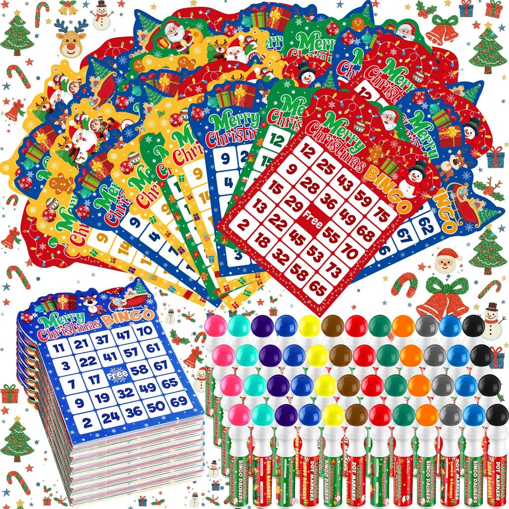 Eersida 192 Pack Christmas Bingo Game and 0.5 oz Dot Daubers Set Includes 144 Bingo Cards and 48 Dot Markers Game Supplies set for Christmas Gifts Party Favor Supplies Xmas Family Casino Play Night