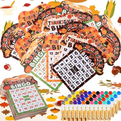Eersida 192 Pack Thanksgiving Bingo Game and 0.5 oz Dot Dauber Set Includes 144 Bingo Cards and 48 Dot Markers Game Supplies set for Thanksgiving Day Gift Party Favor Supplies Family Casino Play Night