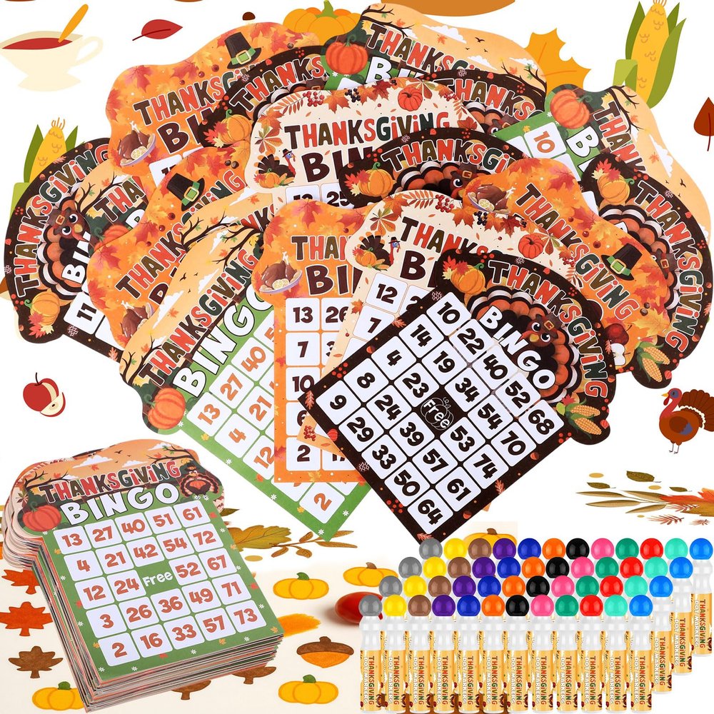 Eersida 192 Pack Thanksgiving Bingo Game and 0.5 oz Dot Dauber Set Includes 144 Bingo Cards and 48 Dot Markers Game Supplies set for Thanksgiving Day Gift Party Favor Supplies Family Casino Play Night