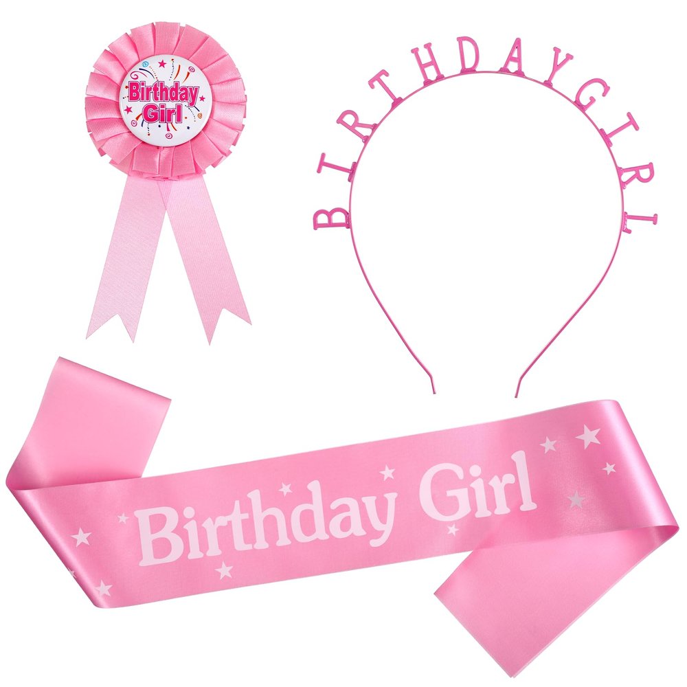 Alrhso Birthday Girl Crown with Sash and Birthday Girl Award Ribbon Badge Pink Happy Bithday Tiara Award Ribbon Headband Princess for Women Birthdays Party Decorations