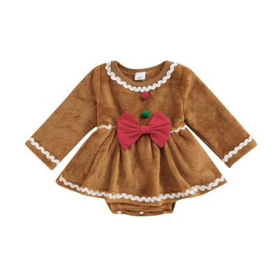 Baby Girl Christmas Thanksgiving Outfit Ruffled Long Sleeve Romper Dress Bodysuit with Headband Fall Winter Clothes (F-Brown, 6-12 Months)