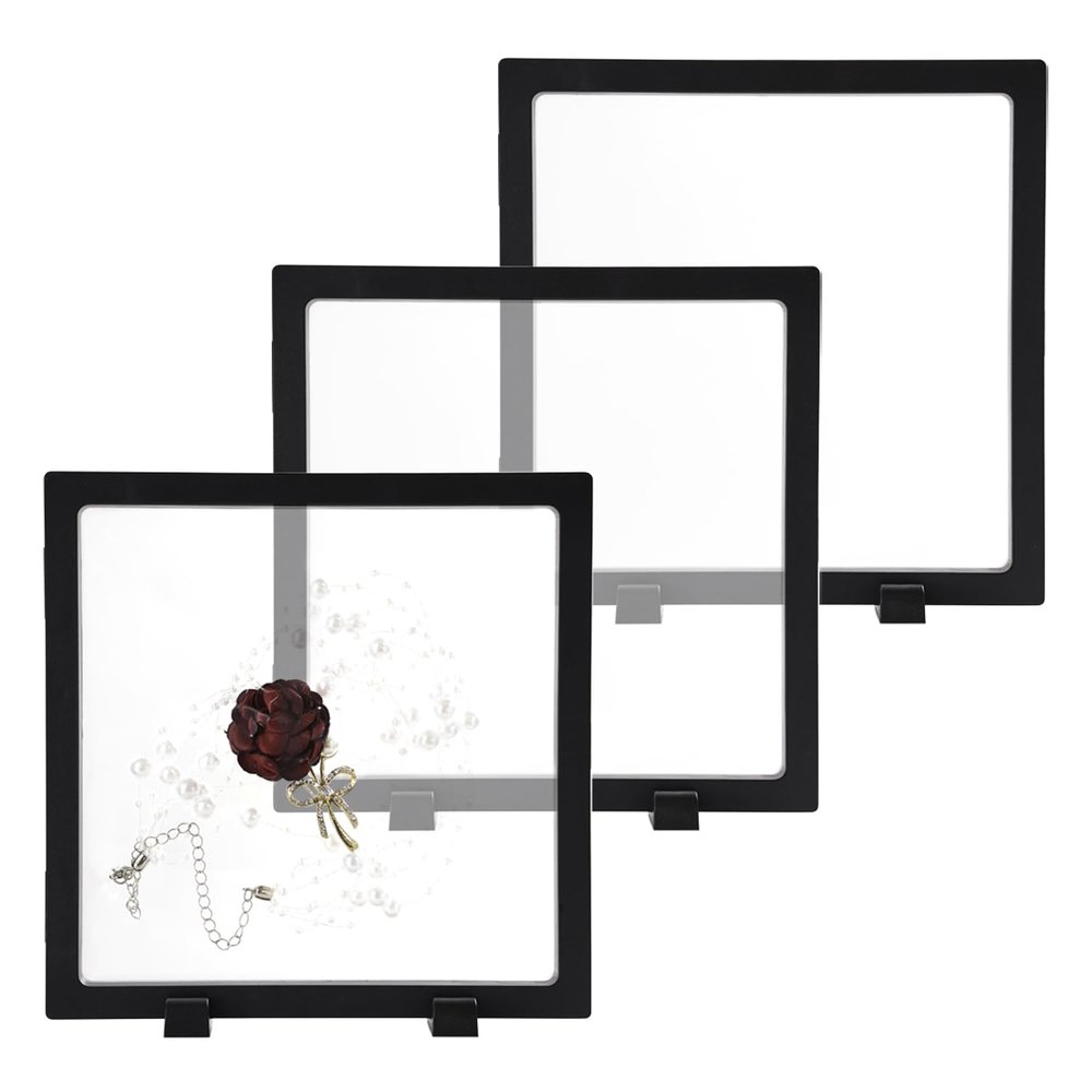 3PCS 3D Transparent Floating Frame with Stand, Challenge Coin Display Holder, Floating Display Case for Jewelry, Medals, Specimens, Small Items, Fossils Rocks,7.1 x 7.1 inch