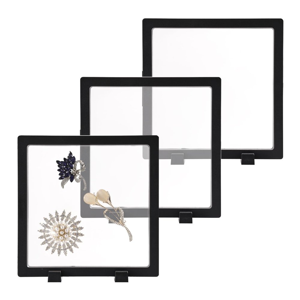 3PCS 3D Transparent Floating Frame with Stand, Challenge Coin Display Holder, Floating Display Case for Jewelry, Medals, Specimens, Small Items, Fossils Rocks,6.3 x 6.3 inch
