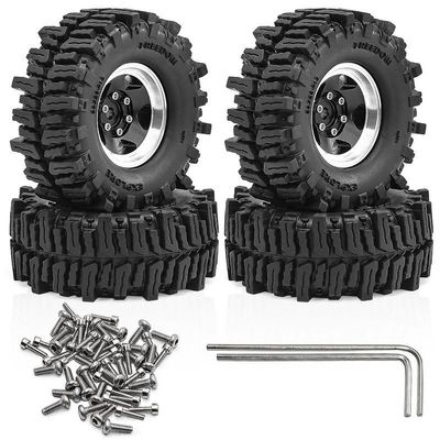 4Pcs 1.3" Beadlock Wheels and Tires Compatible with 1/18 TRX4M SCX24 FMS Ascent-18 RC Crawler Car, 64mm*26mm (Black)
