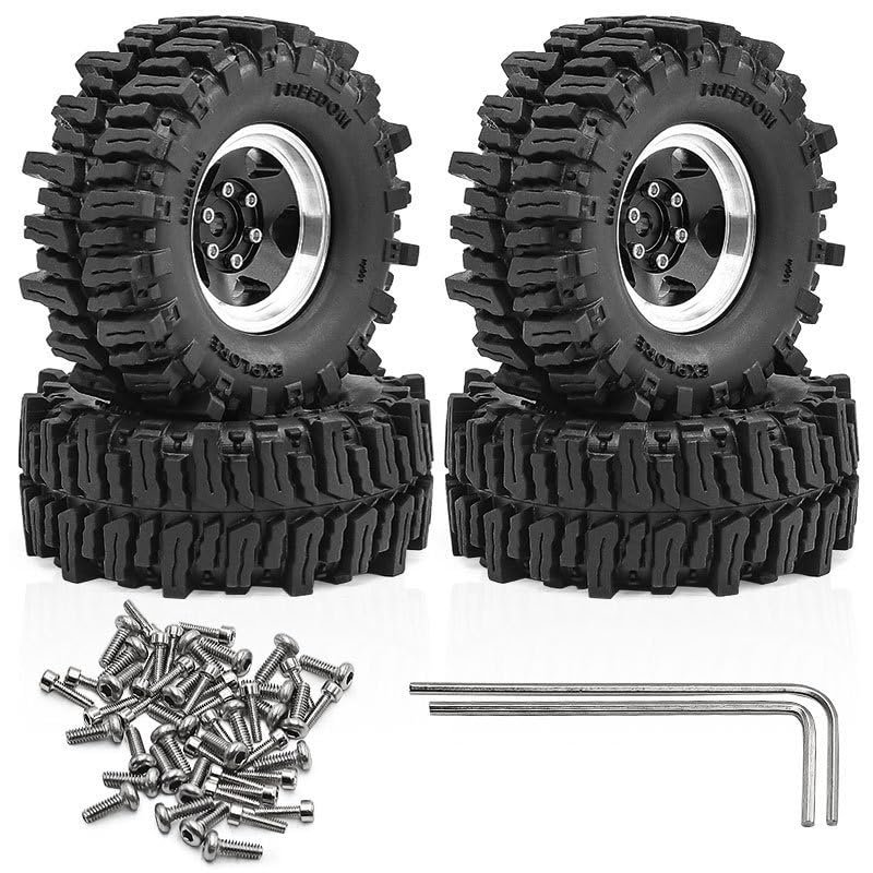 4Pcs 1.3" Beadlock Wheels and Tires Compatible with 1/18 TRX4M SCX24 FMS Ascent-18 RC Crawler Car, 64mm*26mm (Black)