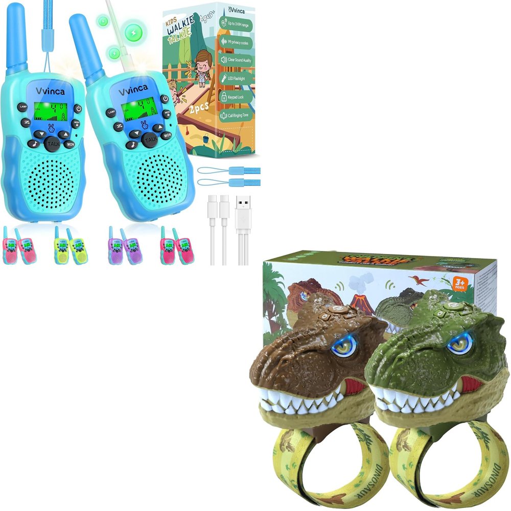 Vvinca Toddler Walkie Talkies for Kids 4 Pack - Toys for Boys Girls Age 3-12 Including Dinosaur Walkie Talkies 2 Pack, Rechargeable Walkie Talkie 2 Pack, Kids Toys for ChristmasBirthday Gifts