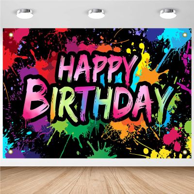 Avezano Neon Happy Birthday Banner Graffiti Happy Birthday Party Backdrop Decorations Glow in The Dark Background Colorful Graffiti Splash Paint Banner Supplies (8x6ft)