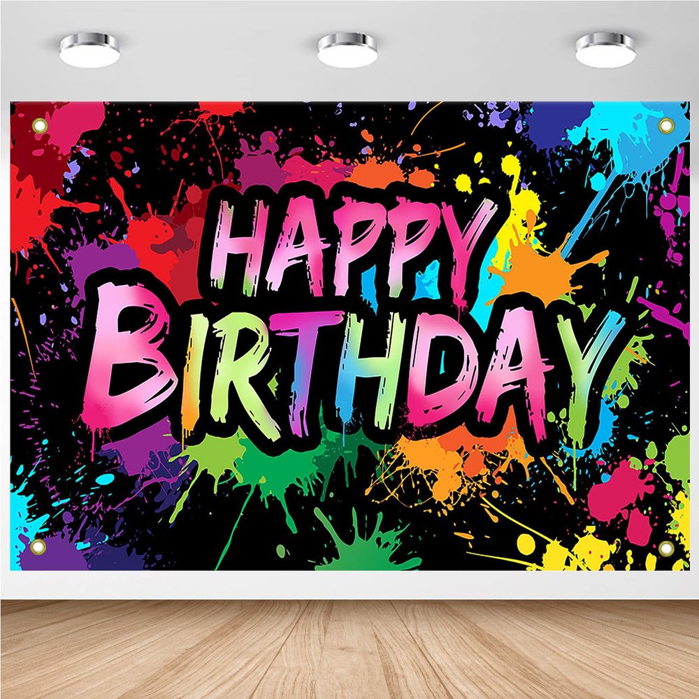 Avezano Neon Happy Birthday Banner Graffiti Happy Birthday Party Backdrop Decorations Glow in The Dark Background Colorful Graffiti Splash Paint Banner Supplies (8x6ft)