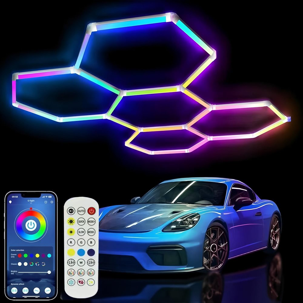 25Pack RGB Hexagon led Garage Lights,RGB 5Hexagon Light with Multi Color,Dimmable&Speed Adjustable RGB Hex Wall Lights,DIY Design for Remote Control & Smart App Control Music Modes