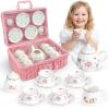 Porcelain Tea Set for Toddlers, Tea Party Set for Little Girls, Pink Floral Teapot Cup Saucer Carry Case, Princess Party Pretend Play Kids Toys, Toddler Girl Birthday Gifts Age 3 - 8 Years Old view 1