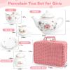 Porcelain Tea Set for Toddlers, Tea Party Set for Little Girls, Pink Floral Teapot Cup Saucer Carry Case, Princess Party Pretend Play Kids Toys, Toddler Girl Birthday Gifts Age 3 - 8 Years Old view 2