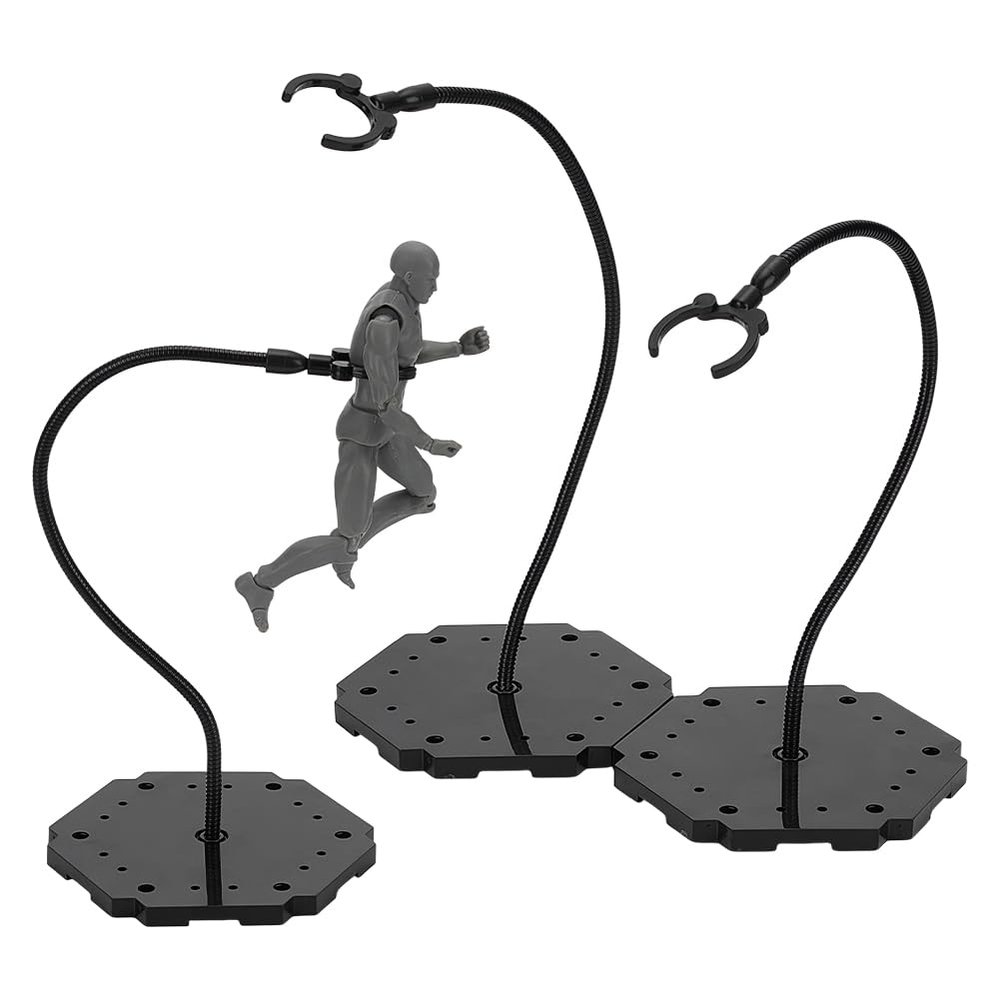 FINGERINSPIRE 3Pcs Adjustable Snake Bones Action Figure Stand Black Assembly Action Figures Display Holder with Hexagon Base Plastic Model Support Stands Miniature Model Bases for Figures