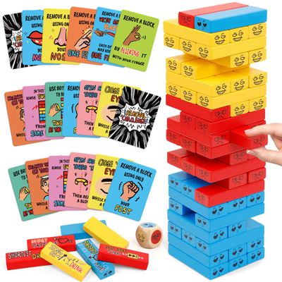 Tumble Tower Blocks Party Game, 121PC Wooden Stacking Game with 60 Blocks, 60 Cards & Dice - Thousands of Hilarious Combos.Classic Party Tower Games for Family & Adult Party Nights, Drinking Games Fun