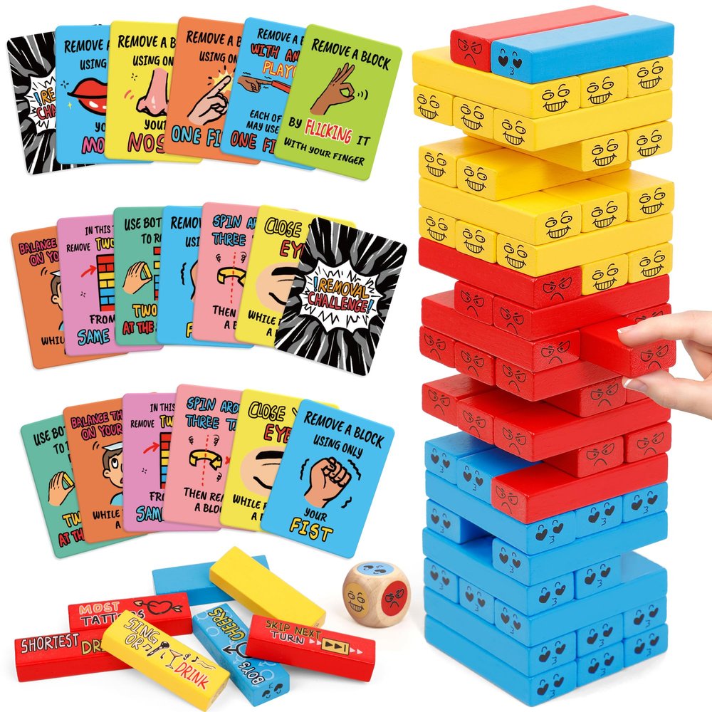 Tumble Tower Blocks Party Game, 121PC Wooden Stacking Game with 60 Blocks, 60 Cards & Dice - Thousands of Hilarious Combos.Classic Party Tower Games for Family & Adult Party Nights, Drinking Games Fun