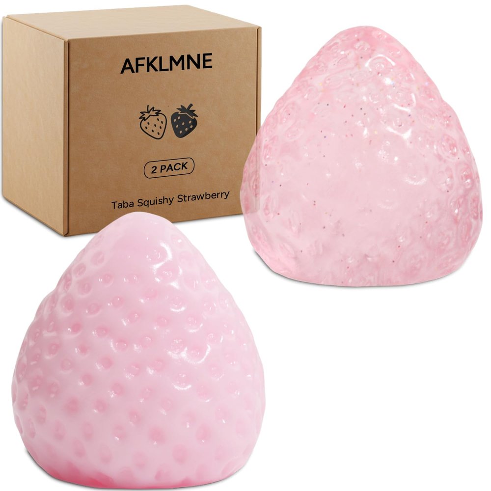 AFKLMNE 2-Pack Taba Squishy Strawberry Sensory Fidget Toys Adults, Anxiety Stress Relief Squeeze Toy, Soft Cute Kawaii Squishys for Desk, School (Pink)