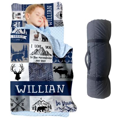 Personalized Toddler Nap Mat for Boys, Custom Name Navy Plaid Sleeping Bag with Pillow and Soft Minky Blanket, Kids Roll Up Nap Mat with Bear and Deer Design for Preschool & Daycare