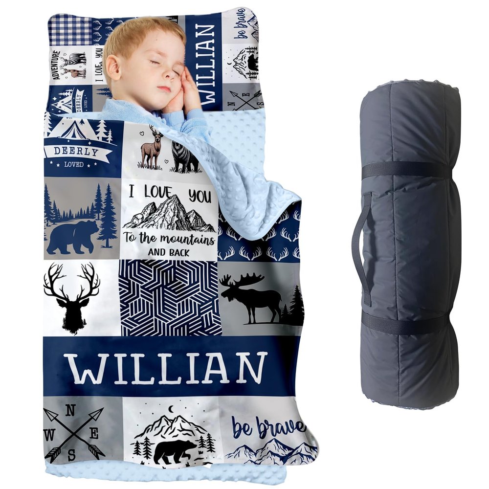 Personalized Toddler Nap Mat for Boys, Custom Name Navy Plaid Sleeping Bag with Pillow and Soft Minky Blanket, Kids Roll Up Nap Mat with Bear and Deer Design for Preschool & Daycare