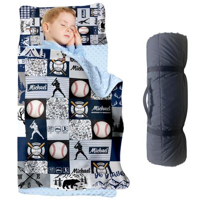 Personalized Baseball Toddler Nap Mat for Boys, Custom Name Navy Plaid Kids Sleeping Bag with Pillow and Soft Minky Blanket, Roll Up Nap Mat for Preschool & Daycare