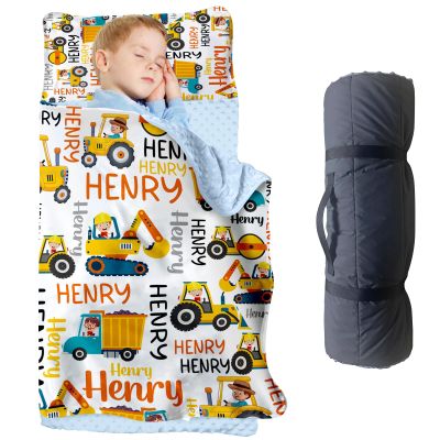 Personalized Car Toddler Nap Mat with Custom Name, Boys Roll Up Sleeping Bag with Pillow and Minky Blanket Yellow Truck Theme Nap Mats for Preschool & Daycare