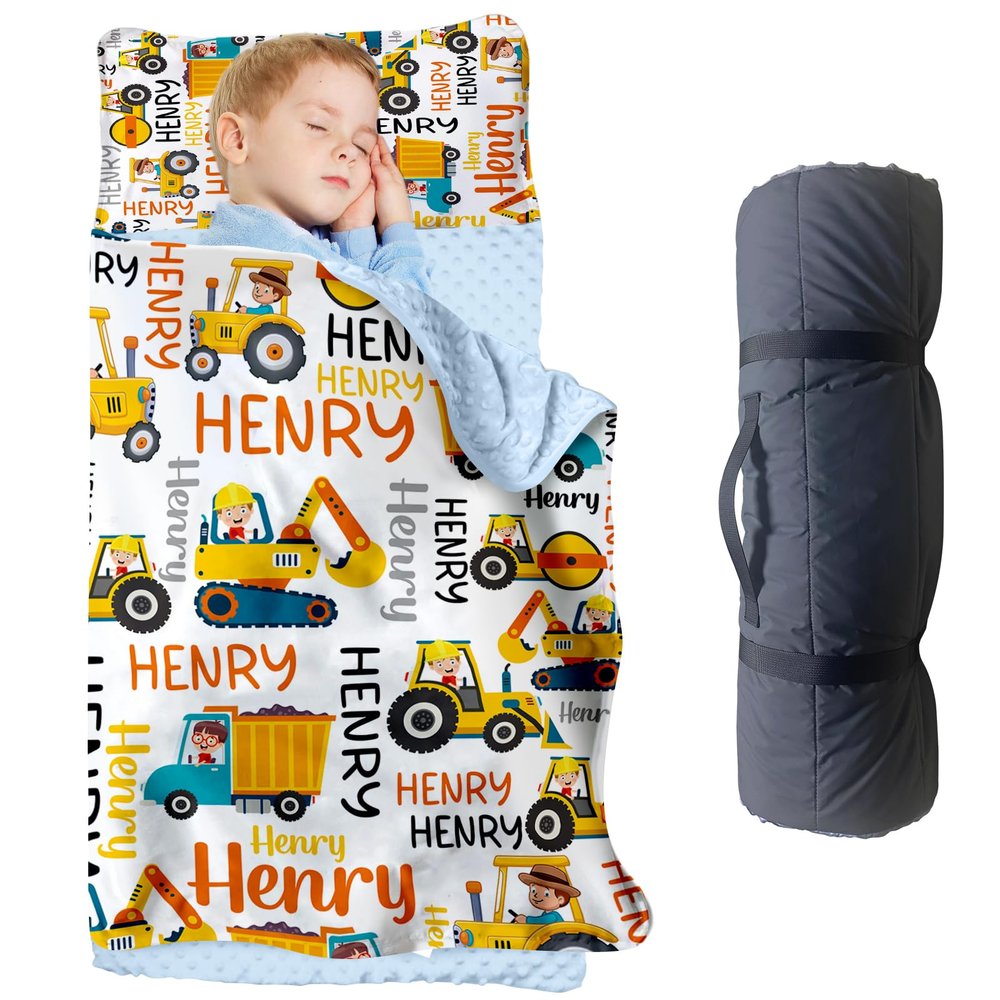 Personalized Car Toddler Nap Mat with Custom Name, Boys Roll Up Sleeping Bag with Pillow and Minky Blanket Yellow Truck Theme Nap Mats for Preschool & Daycare