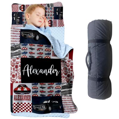 Personalized Toddler Nap Mat, Boys Custom Name Plaid Sleeping Bag with Removed Pillow and Soft Minky Blanket  Classic Cars Design Roll Up Nap Mat for Preschool & Daycare