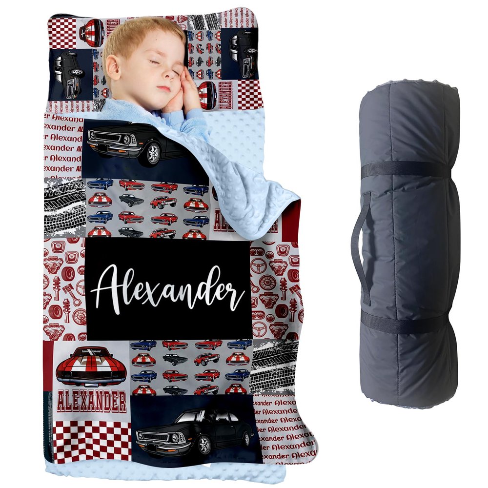 Personalized Toddler Nap Mat, Boys Custom Name Plaid Sleeping Bag with Removed Pillow and Soft Minky Blanket  Classic Cars Design Roll Up Nap Mat for Preschool & Daycare