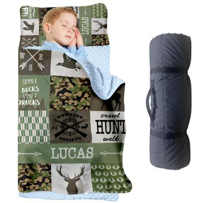 Personalized Hunting Toddler Nap Mat for Boys, Custom Name Camouflage Sleeping Bag with Removed Pillow and Soft Minky Blanket  Roll Up Nap Mat for Preschool, Daycare & Travel
