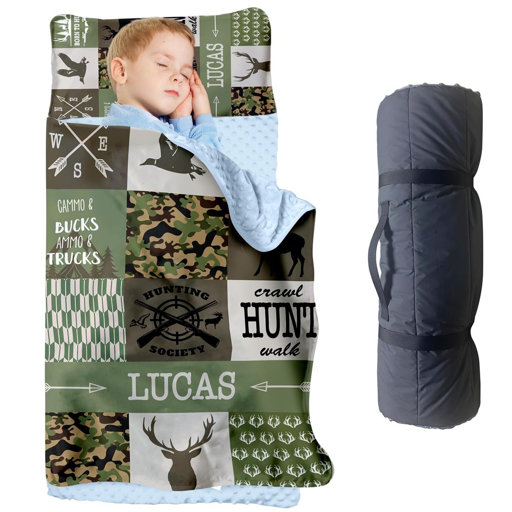 Personalized Hunting Toddler Nap Mat for Boys, Custom Name Camouflage Sleeping Bag with Removed Pillow and Soft Minky Blanket  Roll Up Nap Mat for Preschool, Daycare & Travel