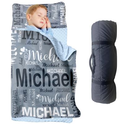 Personalized Toddler Nap Mat for Boys Girls, Custom Name Gray Sleeping Bag with Removed Pillow and Soft Minky Blanket, Kids Roll Up Nap Mat for Preschool, Daycare & Travel