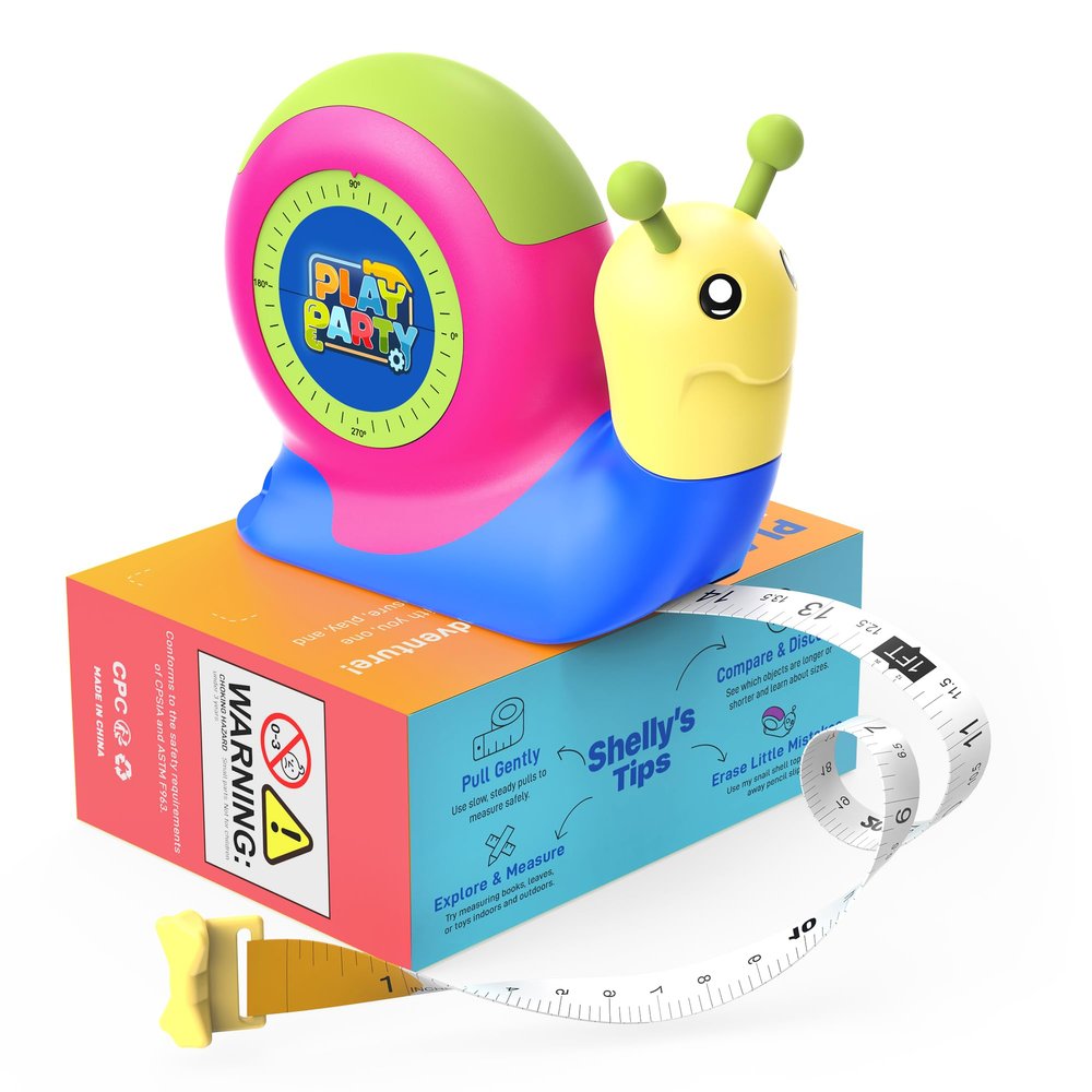 PLAYPARTY 8ft Tape Measure for Kids, STEM Educational Tool with Level, Protractor and Eraser, Retractable Snail Shaped Measuring Tapes, Child-Safe Stocking Stuffers Gift for Boys & Girls 3+, Green