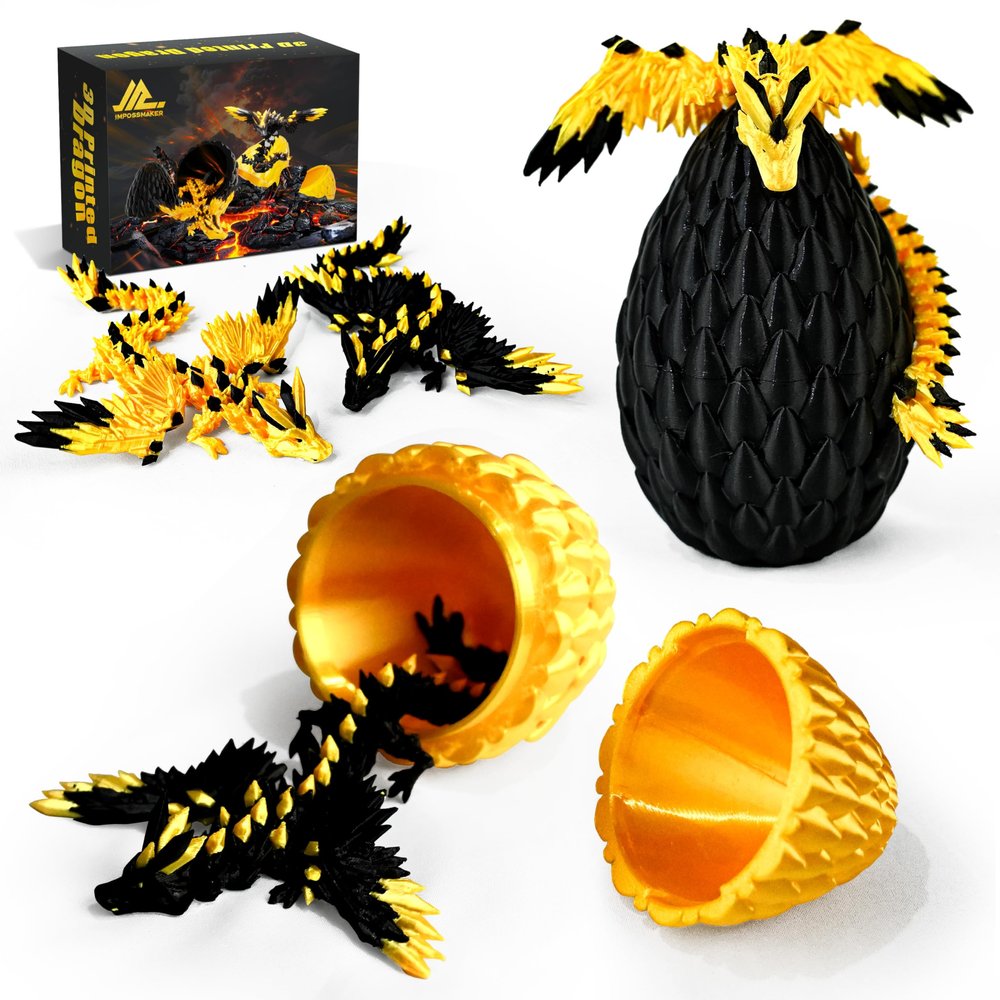 Impossmaker 2PCS 3D Printed Dragon Egg with Dragon Inside, Black and Gold Eggs Articulated Fantasy Fidget Toys, Collectible Mythical Creature Gifts for Adults Teens, Cool Stuff Desk Decor