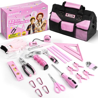 EZUVITA 32-Piece Kids Real Tool Set, Pink Kids Size with 12 Storage Bag, Safety Certified Children Learning Hand Tools for Boys and Girls Age 6+, DIY, Construction, Woodwork, Christmas Birthday Gift