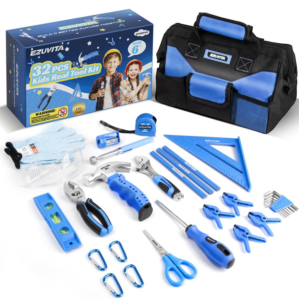 EZUVITA 32-Piece Kids Real Tool Set, Blue Kids Size with 12 Storage Bag, Safety Certified Children Learning Hand Tools for Boys and Girls Age 6+, DIY, Construction, Woodwork, Christmas Birthday Gift