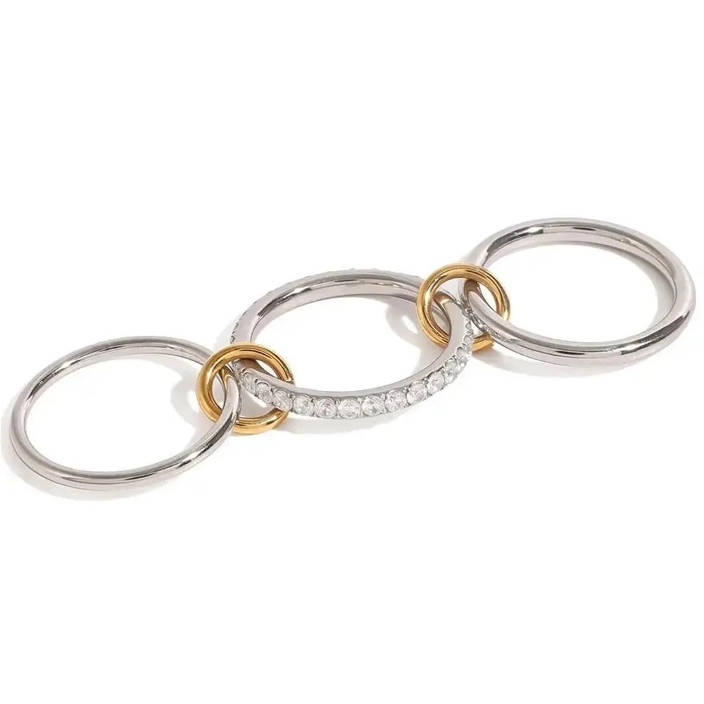 IREAKZGN Glossy Shine Gold Silver Stainless Steel Cubic Inlaid Three Layer Ring Jewelry 1Pcs