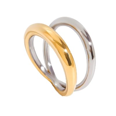IREAKZGN Two Color Hollow Geometric Double Layer Rings For Gift Stainless Steel Finger Jewelry Minimalist Style 1Pcs