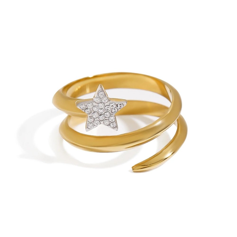 IREAKZGN Sweet Romantic Stainless Steel Rhinestone Pentagram Three-layer Ring Women Jewelry Party 1Pcs(8)
