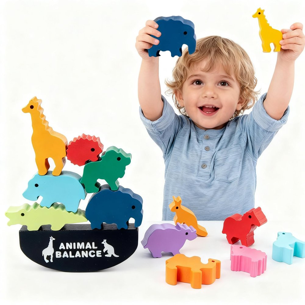 Montessori Wooden Blocks Stacking Toys for Kids, Animal Balance Game for Toddler, Fine Motor Skill Toys for 3 4 5 6 7 Year Old