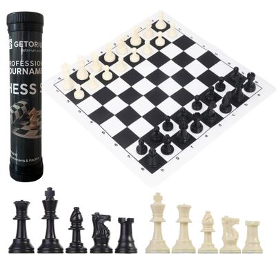 GETORIUM Tournament Chess Set: Portable and Professional Set with Travel Portable Plastic Tube Roll. Plastic Staunton Chess Pieces, Foldable Vinyl Chess Board. (Black Board, 13X13IN)