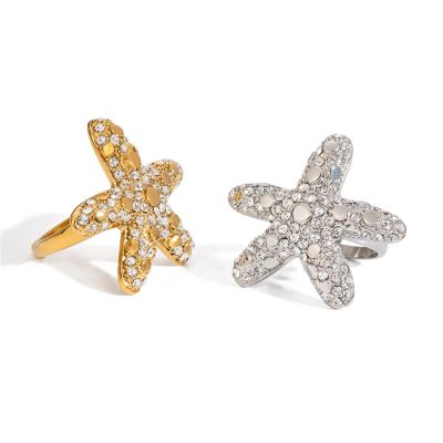 IREAKZGN Shiny Starfish Multiple Rhinestone Inlaid Stainless Steel Ring Women Ocean Beach Jewelry Accessory 1Pcs(JDR2405017)
