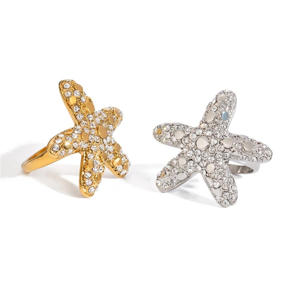 IREAKZGN Shiny Starfish Multiple Rhinestone Inlaid Stainless Steel Ring Women Ocean Beach Jewelry Accessory 1Pcs(JDR2405017)