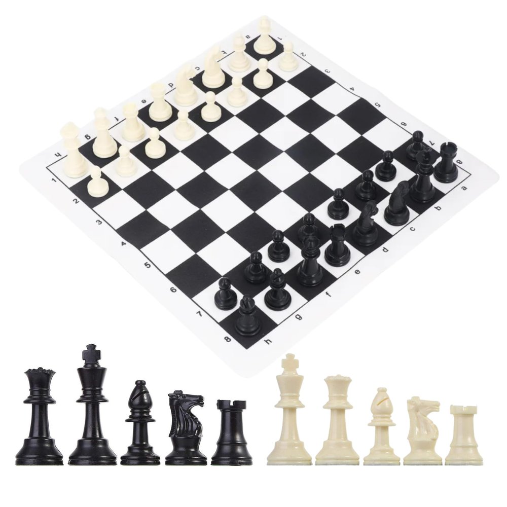 GETORIUM Tournament Chess Set: Portable and Professional Set with Travel Portable Plastic Tube Roll. Plastic Staunton Chess Pieces, Foldable Vinyl Chess Board. (Black Board, 16X16IN)