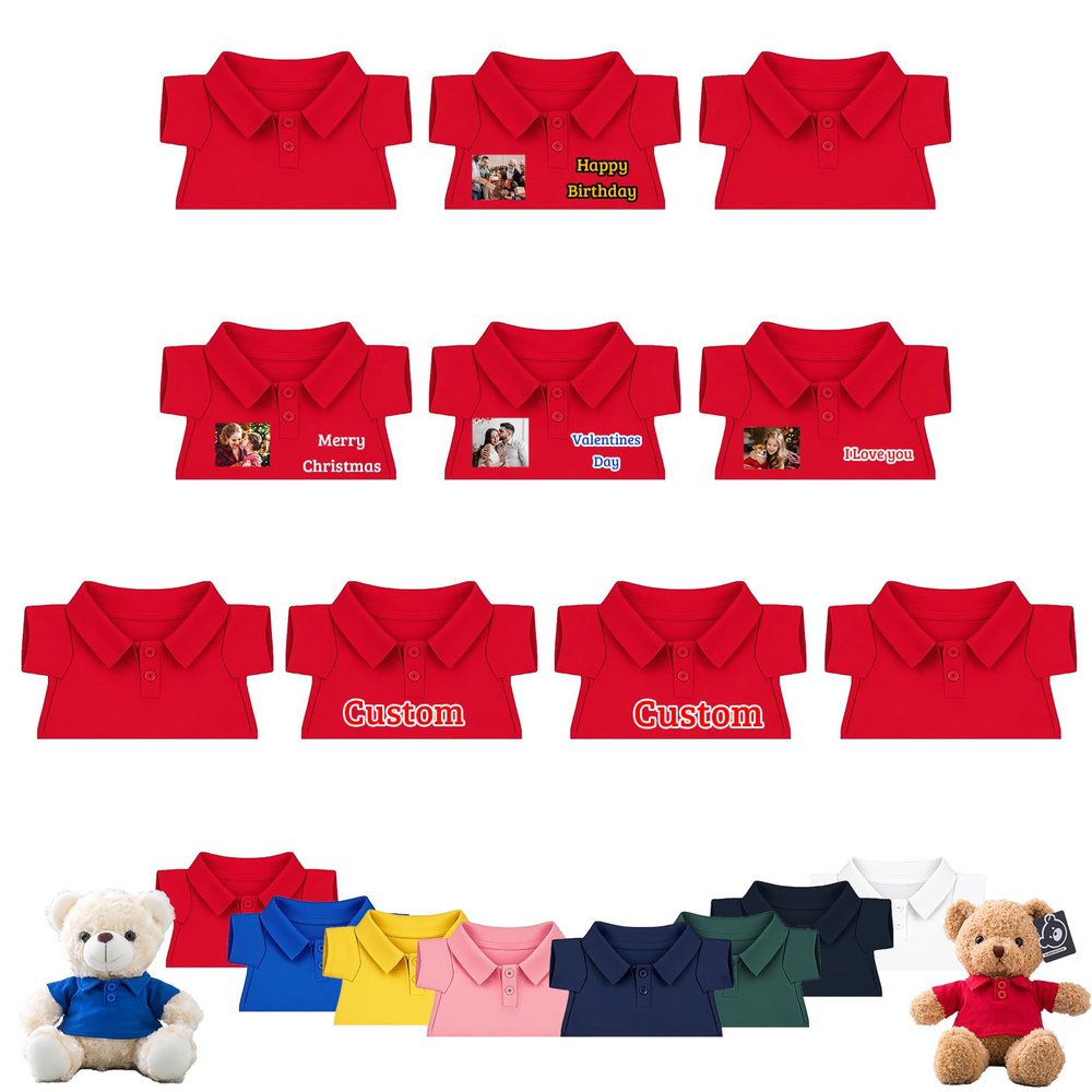 DRAJOIN 10 Pcs Personalized Teddy Bear Clothes with Text Photo, Custom Stuffed Animal Clothing Fit 8-16 inch Stuffed Bear Clothes for Teddy Bears, Doll Clothing Make Your Own Plush Doll Shirt