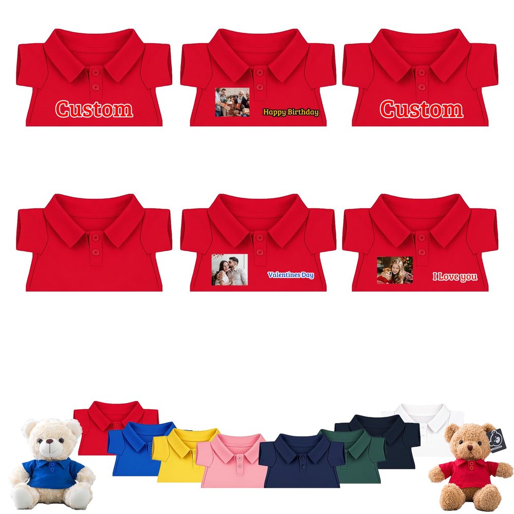 DRAJOIN 6 Pcs Personalized Teddy Bear Clothes with Text Photo, Stuffed Animal Clothes for Teddy Bears Fit 8-16 inch Stuffed Bear Outfit, Personalized Doll Clothing Make Your Own Plush Doll Shirt