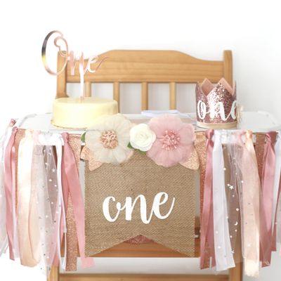 1st Birthday Party Decorations for Girls by Innerspark, Pink and Gold Floral Set, Ribbon High Chair Banner, Birthday Hat, Cake Topper, One High Chair Banner, Girls First